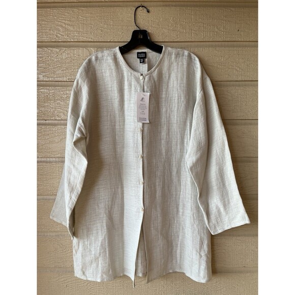 Eileen Fisher womens Tiny Collar Long Jacket size Medium Bone Linen Granito $148 - Picture 1 of 6